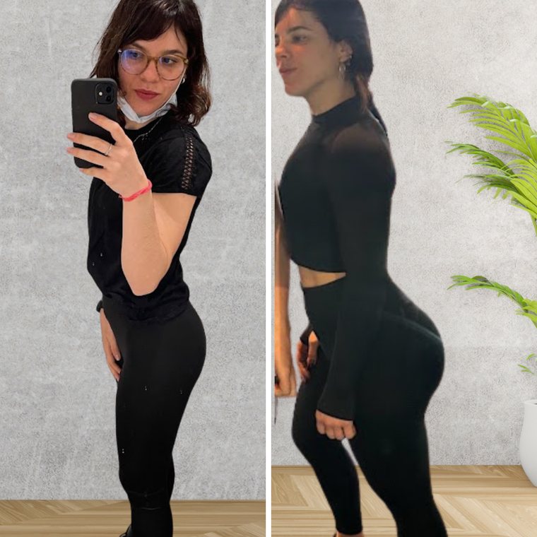 Antes y después de Micaela, clienta de GlowFit, vista de perfil
