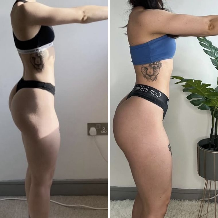 Antes y después de Sofía, clienta de GlowFit, vista de perfil